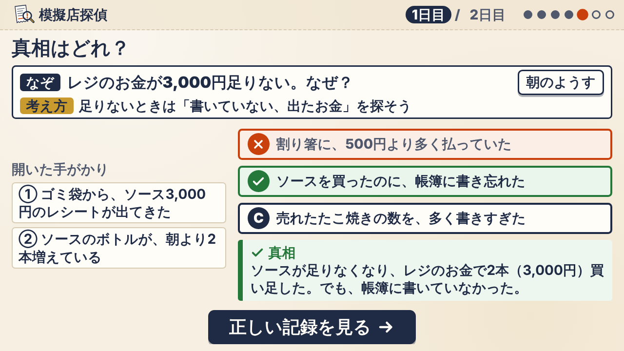 推理の画面:真相を3つの選択肢から選ぶ